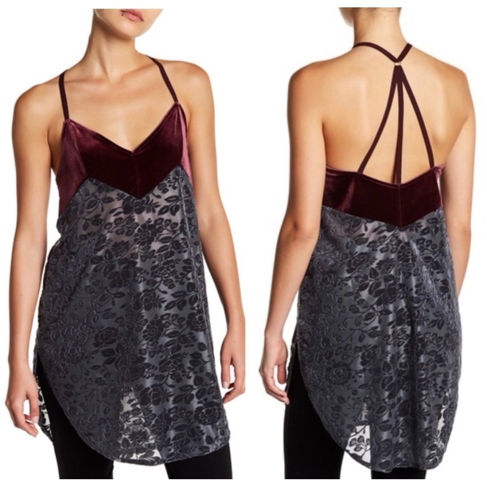 Melrose and Market Burgundy Velvet Gray Lace Floral Tank Boho Chic Tunic-Sm -New